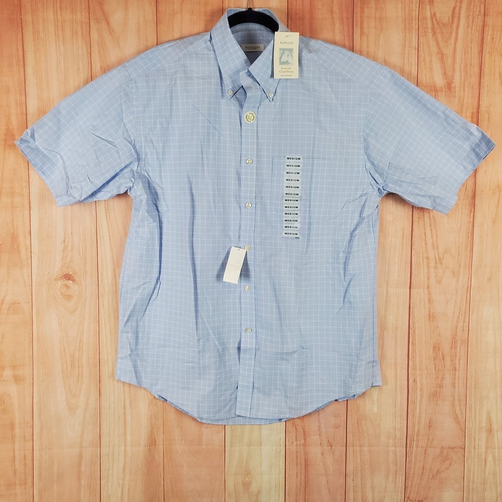 Van Heusen Dress Shirt Mens Medium 15-15.5 Blue Grid Cotton Business Formal